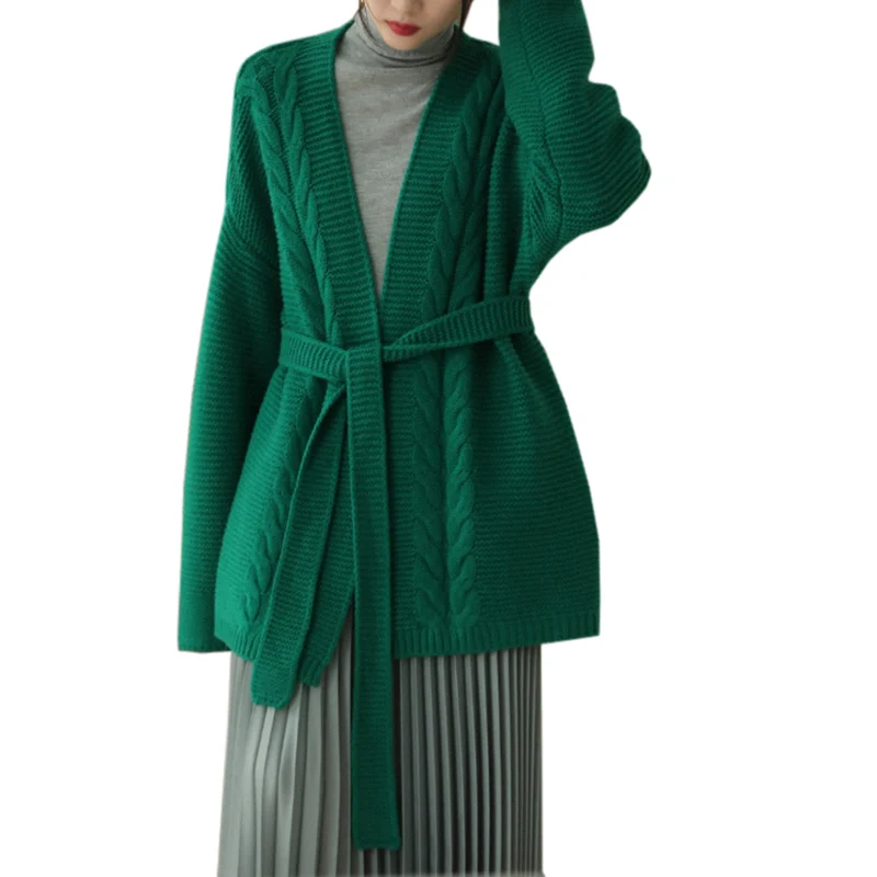 Женский шерстяной длинный кардиган плотный теплый свитер из грубой шерсти