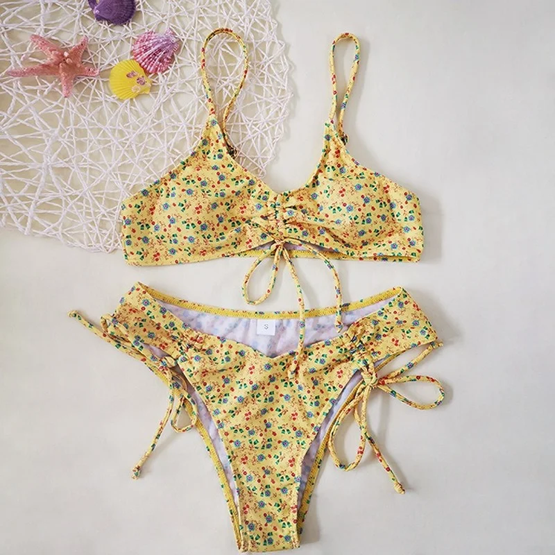

Swimming Suit for Women New Hot Sale Small Floral Drawstring Lace Sexy Split Ladies Bikini 2 Piece Sets Swimming Suit for Women