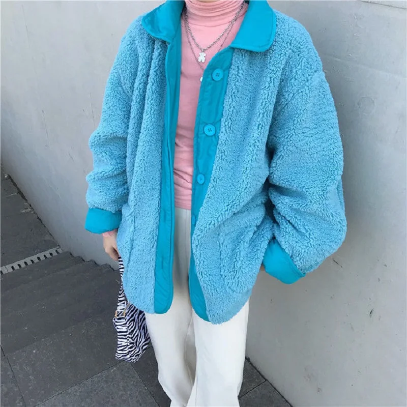 

Korean sweet blue jacket winter new women's warmth and thick vintage casual long-sleeved coat Harajuku streetwear outerwear