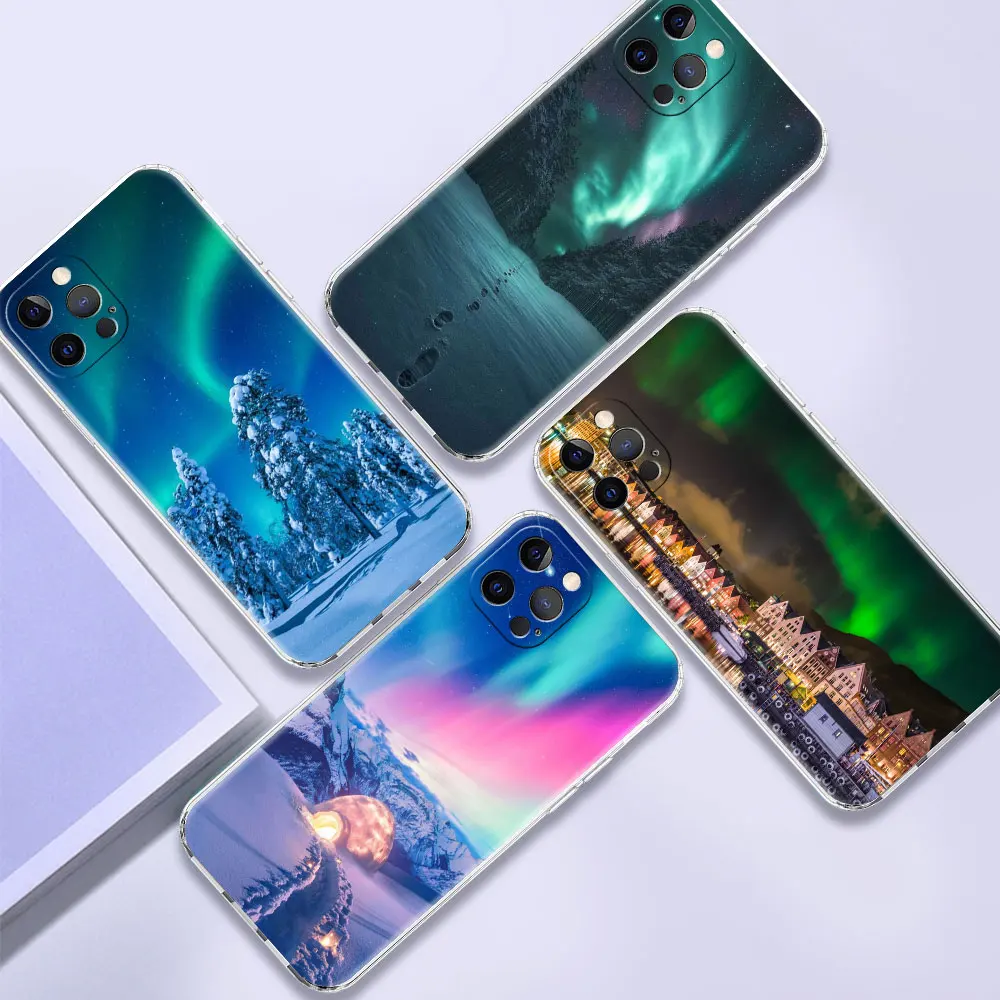 

Case For Apple iPhone 11 12 13 Pro Max 7 XR X XS 6 8 6S Plus 5 5S SE 2020 Clear Soft Christmas Aurora Phone Cover Funda Shell