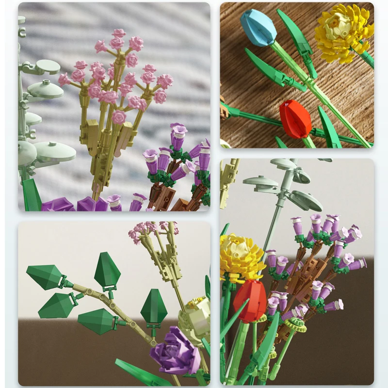 Sunflower Tulip eucalyptus leaf Flowers Bouquet Building Blocks Moc Romantic Rose Flower Bricks Diy Toys For Girl Birthday Gift | Игрушки и