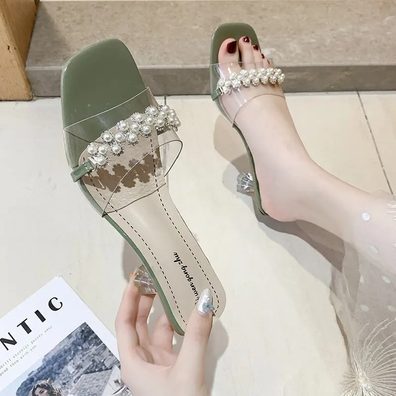 

Slippers Women Summer Luxury Slides Square heel Female Shoes String Bead Thin Heels Heeled Mules Designer Block 2021 Soft High P