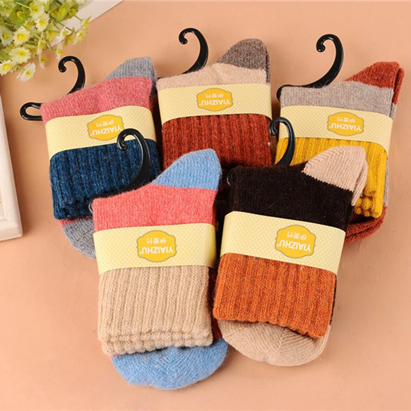 Женские зимние носки Meias теплые хлопковые вязаные в полоску синего коричневого