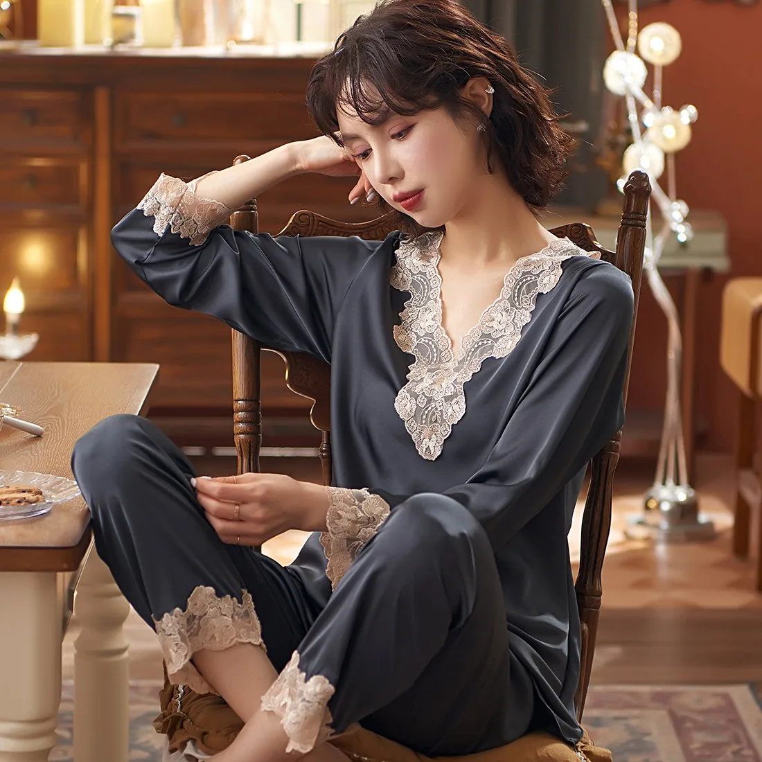 

Women Pajamas Suit Sexy Lace V-Neck Sleepwear Satin Pyjamas Casual Shirts&Pants Lounge Wear Spring Summer New 2PCS Sleep Set