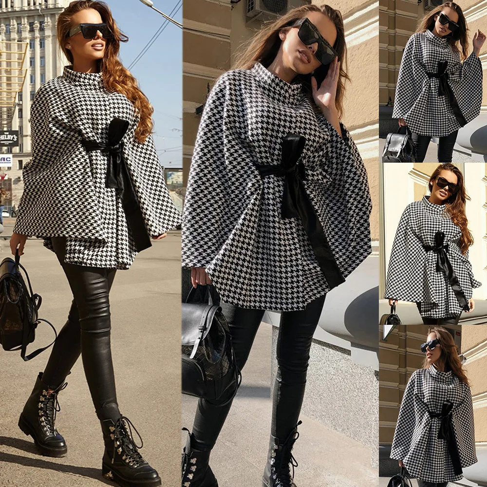 

2021 Autumn Short Coat Retro Houndstooth overCoat Loose Warm winter Fashion Street Cape Lace-up Jacket Pullover for Woman