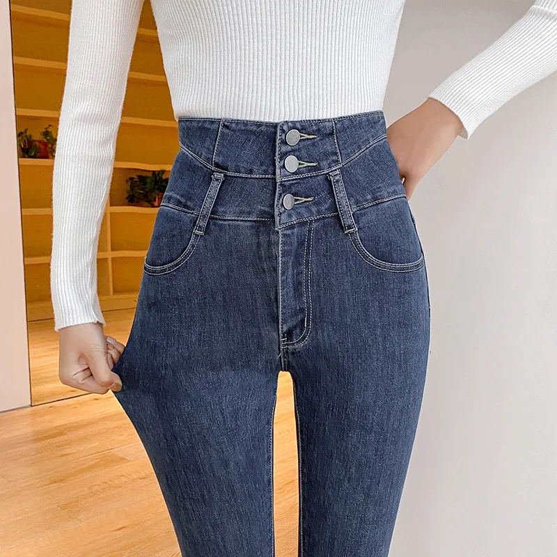 

High Waist Women Solid Jeans 3 Buttons Female Pant Slim Elastic Plus Size Mom Stretch Jeans Blue Grey Skinny Pencil Pant