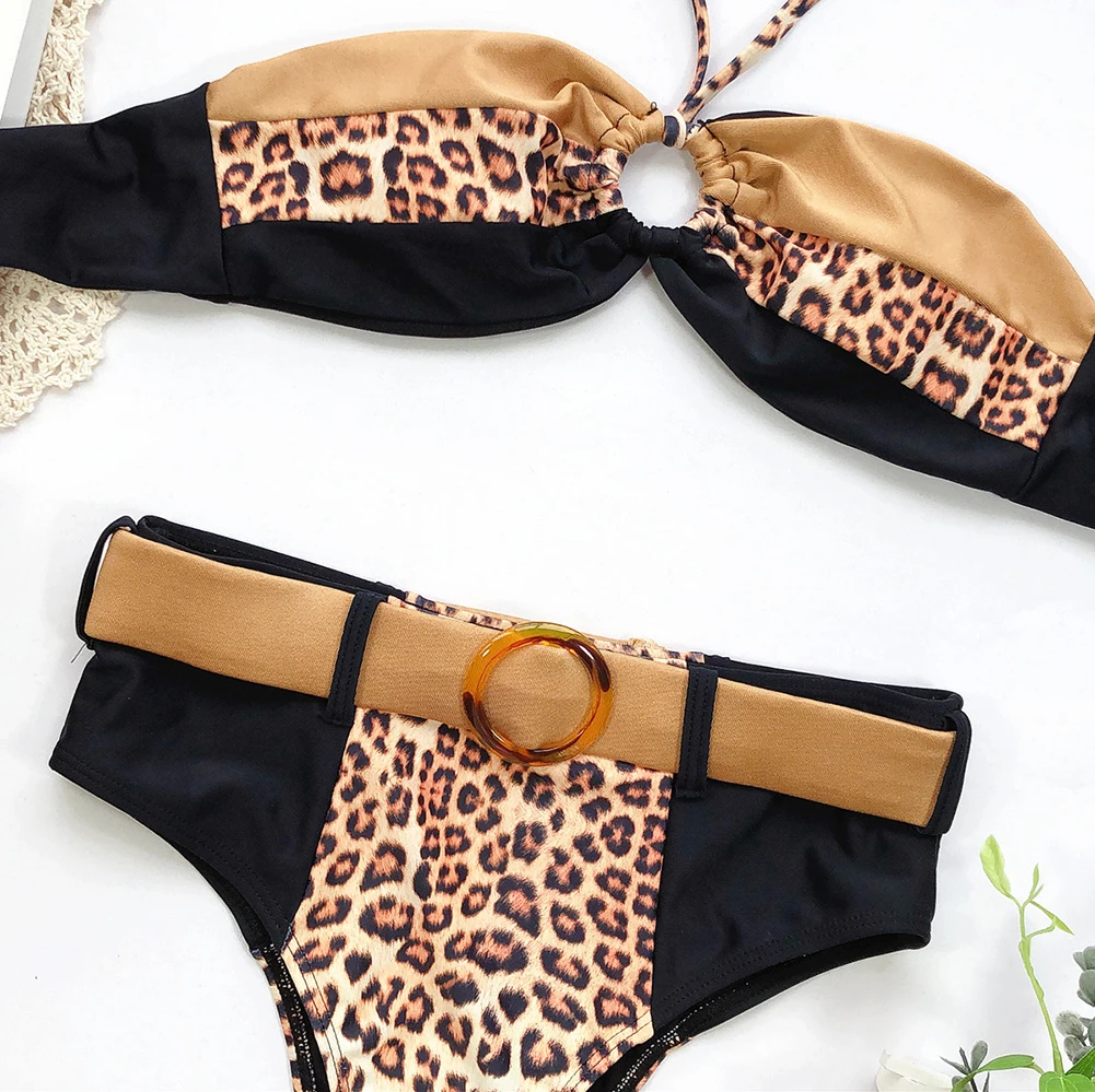 

Sexy Leopard Women Bra Set Underwear Bra Set Women Sexy Leopard Swimsuit Halter Bra High Waist Ring Buckle Bikini Set 2020