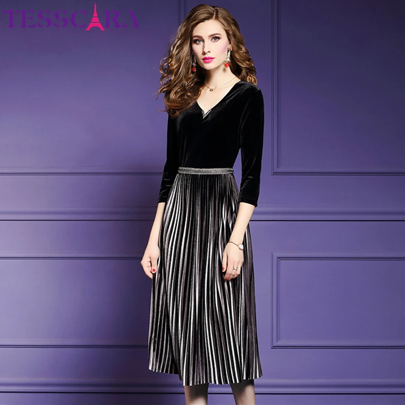 TESSCARA женское элегантное бархатное платье с бисером праздвечерние