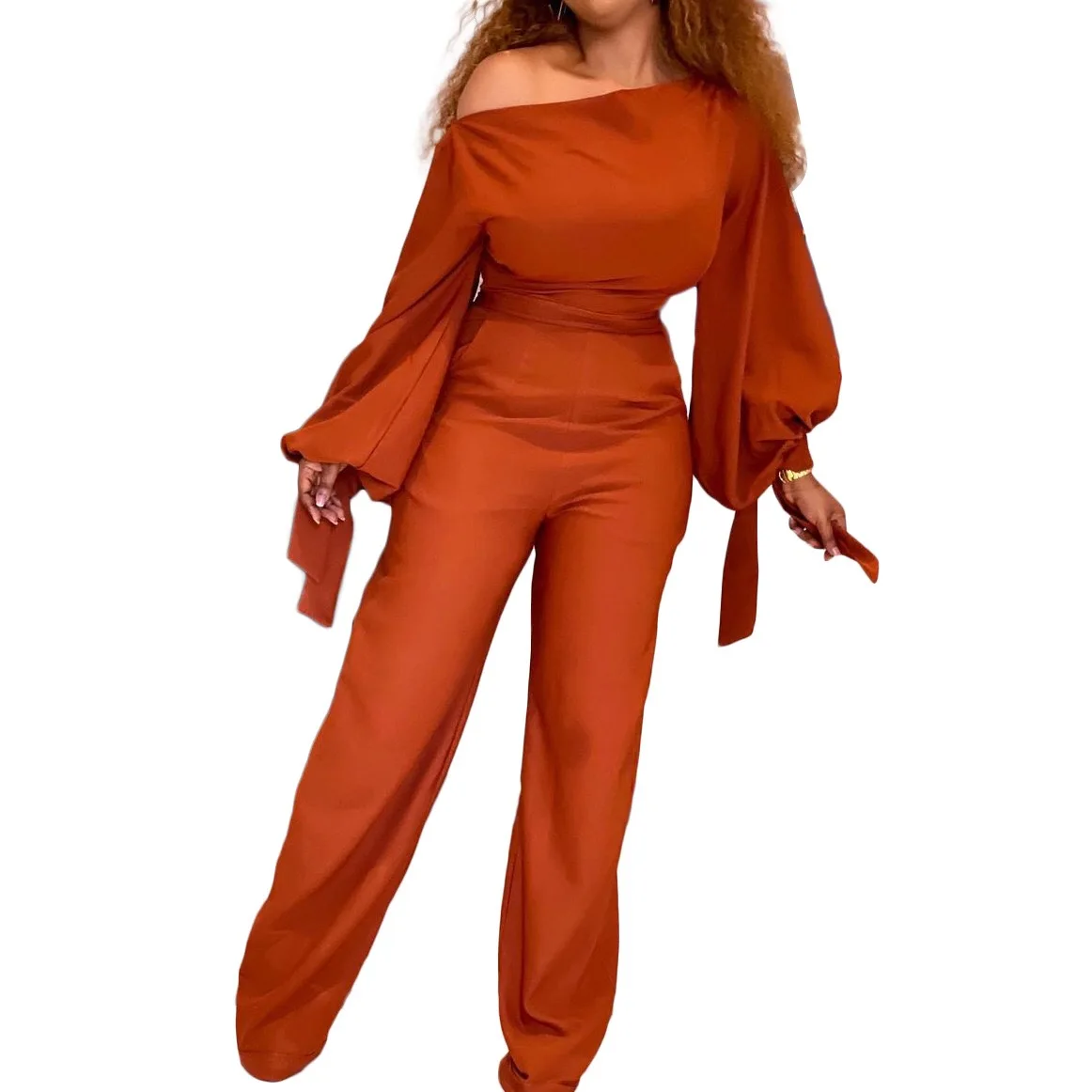 

African Ladies Long Jumpsuits Large Big Size Cold Shoulder Lantern Sleeve High Waisted Elegant Evening Party Rompers & Jumpsuits