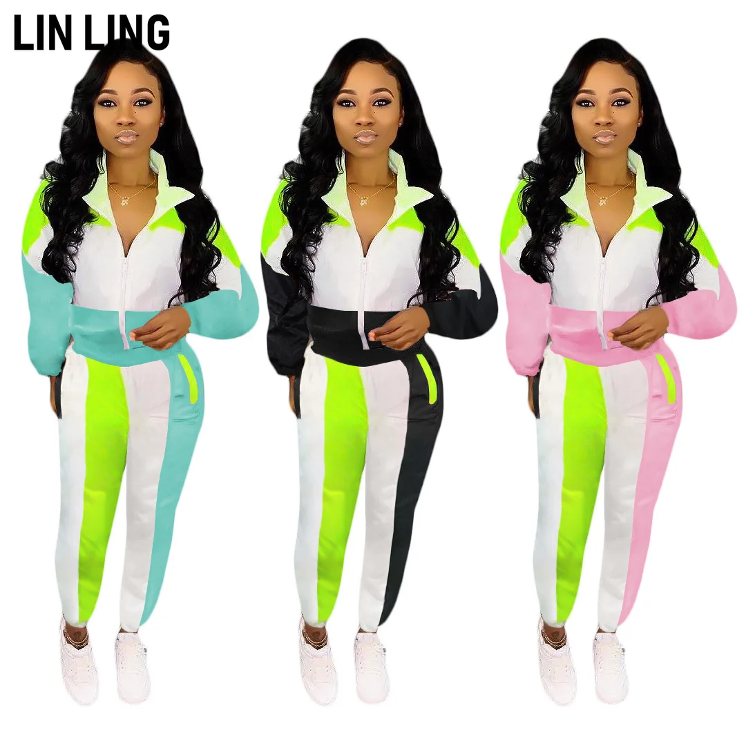 

LINLING Lapel Zipper Casual Sports Color Contrast Multi Color Trend Splicing Long Sleeve + Trousers Suit