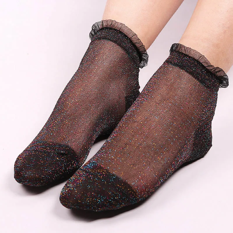 

Crystal Silk Glitter Women Socks Summer Breathable Mesh Girls Socks Transparent Shiny Short Socks Sokken