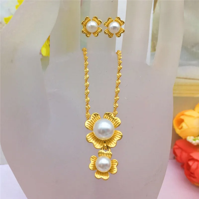 

14K Gold Ring Women's Wedding Engagement Jewelry Sets Double Water Wave Chain Necklace Beads Olive Pearl Pendant Necklace Gifts