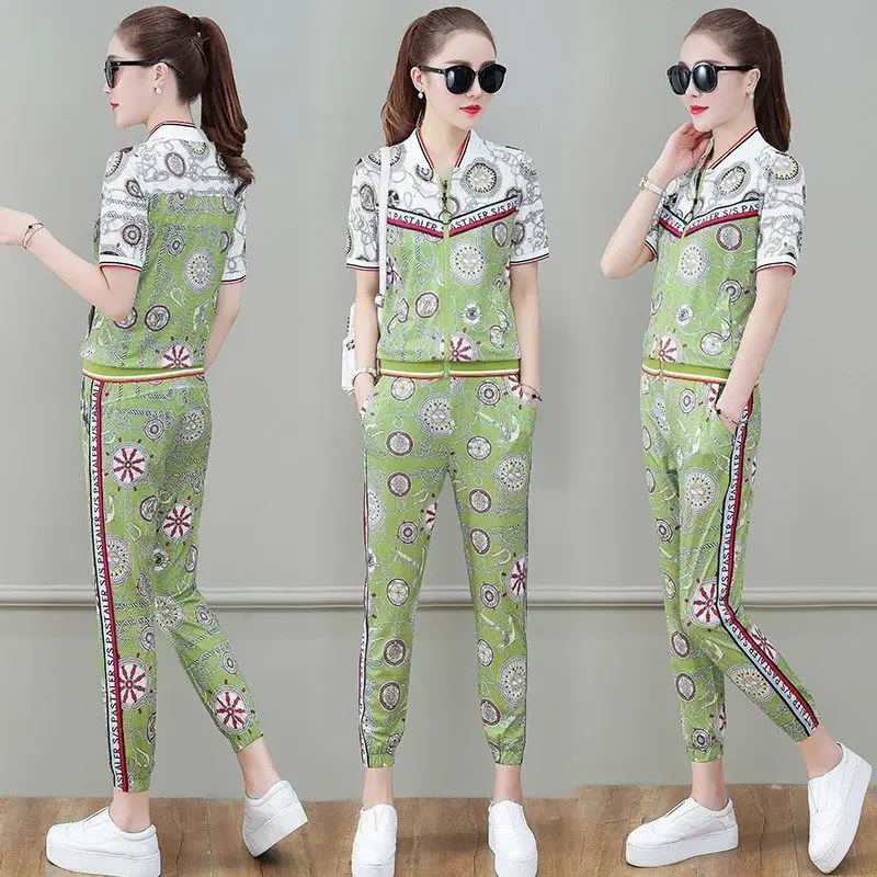 

Printed Sports Suit Women's 2021 Spring and Summer Wear Casual Loose Belly Fashion Short-sleeved Trousers Sportswear