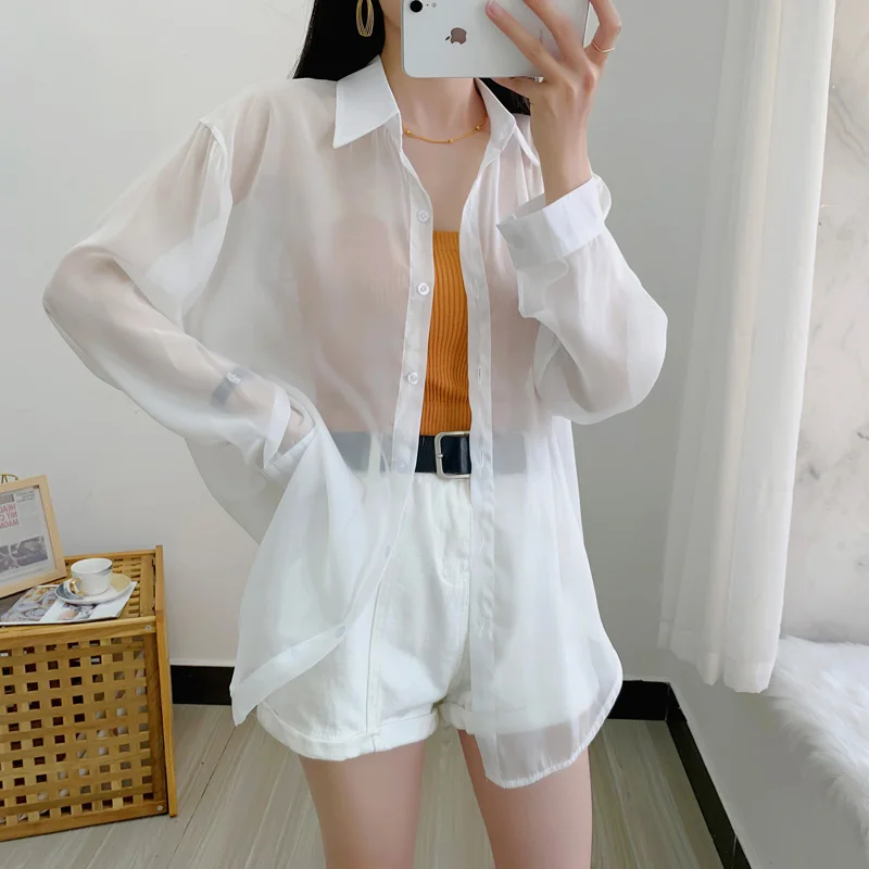 #8264 прозрачная рубашка, женская сексуальная прозрачная рубашка с разрезом сзади, женская тонкая Свободная шифоновая рубашка с длинным рука...