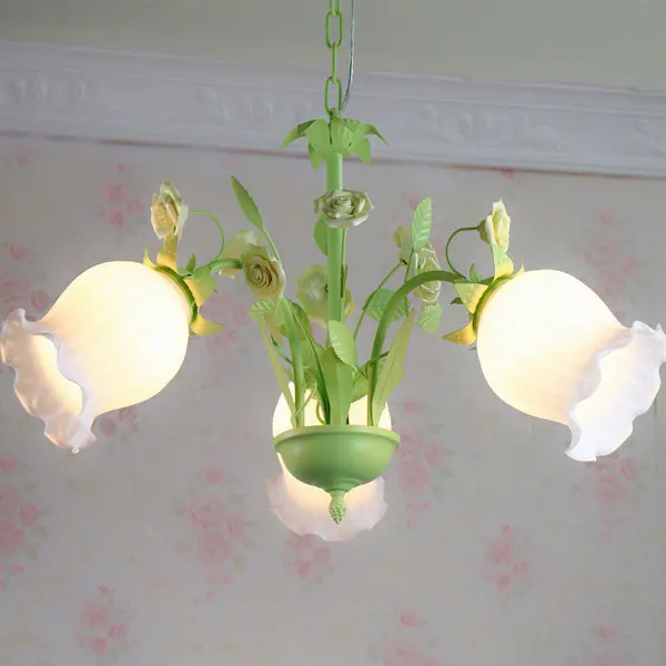 

American European Style Restaurant Iron Pink Rose Ceramic Flowers Korean Children's Room Pendant Light hanglamp