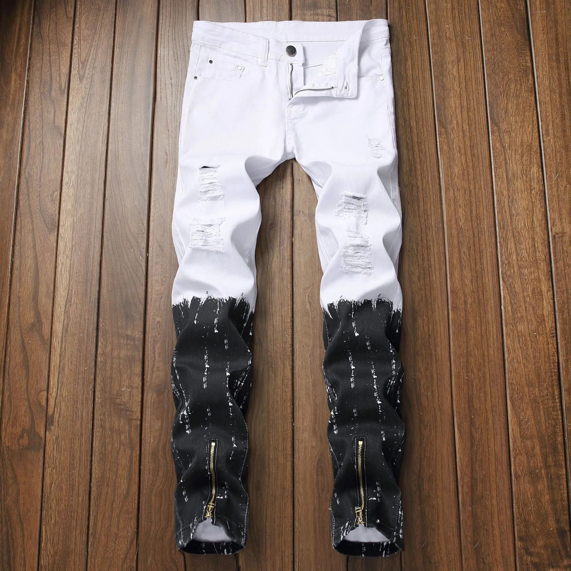 

Men's Casual Printed Jeans Two Tone Spliced Ripped Denim Trousers Feet Zipper Individuality Design Slim Stretch Cowboy Pants Man