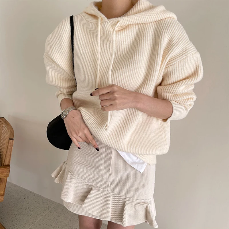 

candy color simple solid pollover with hoodies all-match basic winter knitwear gym exerecise knitted sweater 2021 spring tops