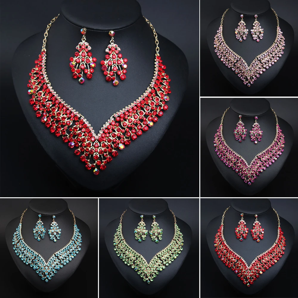 

Luxurious Bridal Jewelry Sets Wedding Rhinestone Crystal Necklace Earring Set Women's Party Costume Accessories Indian Jewellery