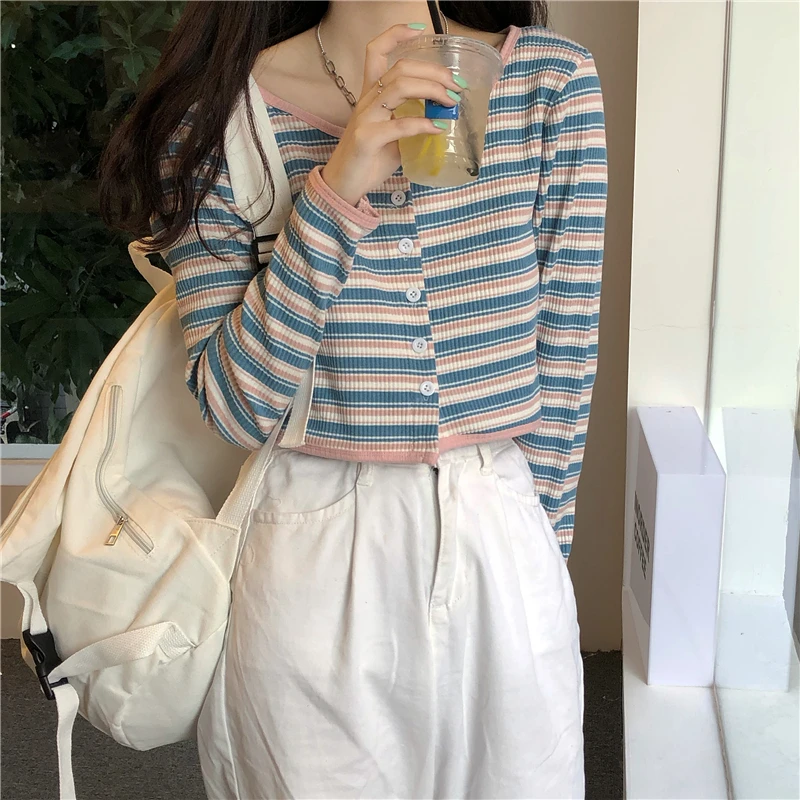 Кардиган женский в контрастную полоску короткий топ с круглым вырезом для