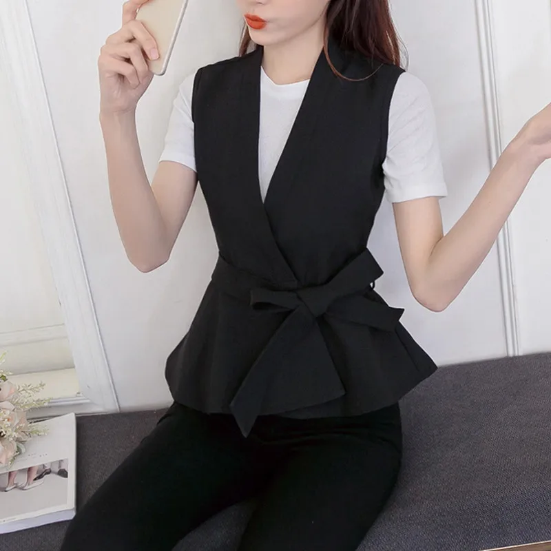 Женский жилет с поясом Черный Повседневный без рукавов оборками модель R1019 на