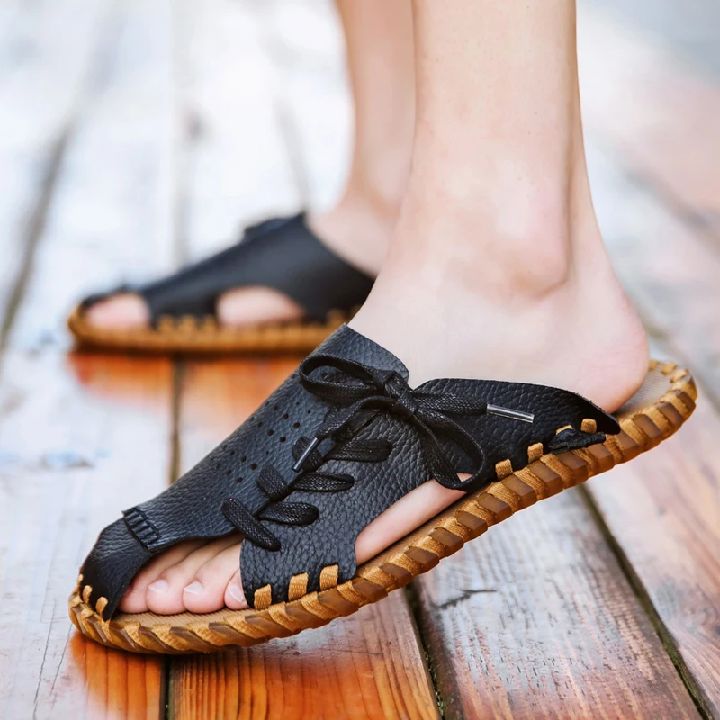 

Men's Sandals Genuine Leather Top Layer Cowhide Summer 2021 New Fashion Trend Non-slip Flip Flops Men's Slippers