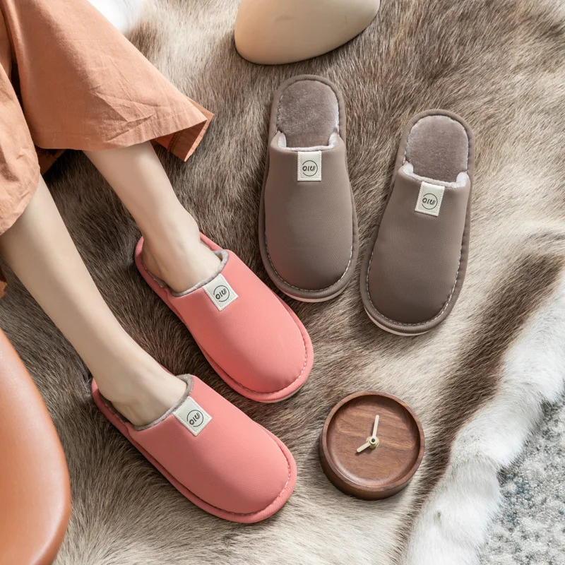

Women And Men Couple PU Leather Cotton Slippers Winter Indoor Warm Thicken Warm Shoes Female Solid Color Home Shoes