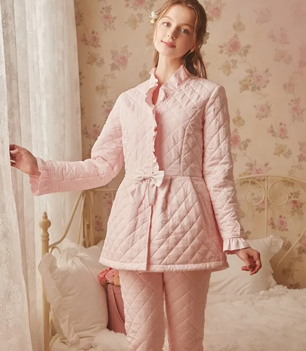 pink 2pcs A Новинка года; сезон осень-зима; женская утепленная Хлопковая пижама; теплая однотонная одежда для сна принцессы; длинный халат; домашняя пижама - Цвет: pink 2pcs A
