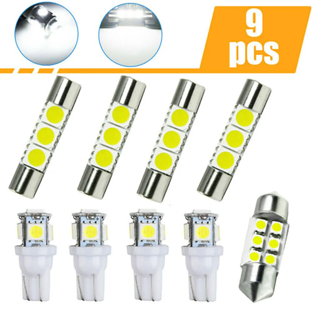 

9pcs/Set White LED Interior Lights Package Kit License Plate Light Map Dome Lamp 360 Degree Lighting Output