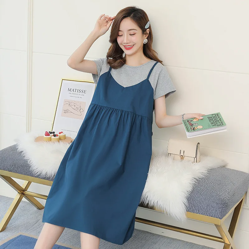 

Summer Maternity Dresses For Pregnant Women Clothes Fashion Fake Two piece Short Sleeve Slim Pregnancy Dress