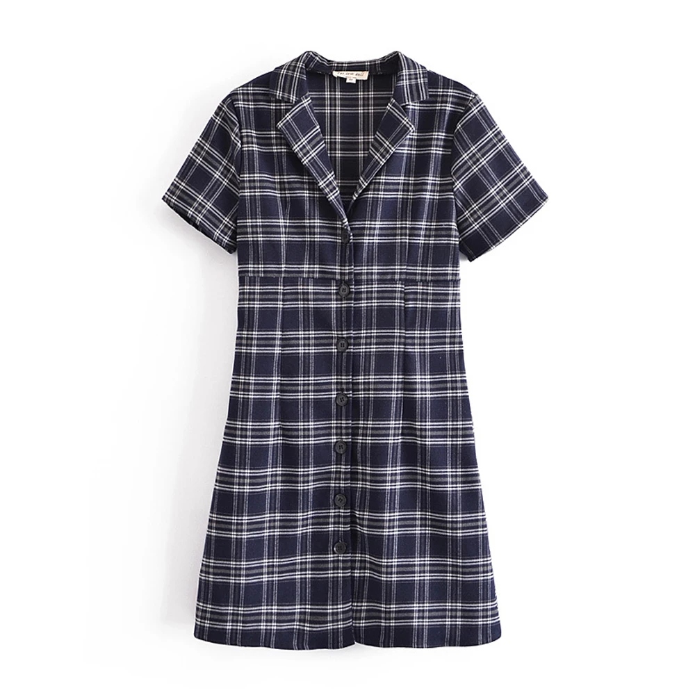 

ZA Summer women Notched Collar vintage Plaid Dress short sleeve Mini Dresses Single breasted A-Line College style grid Vestidos