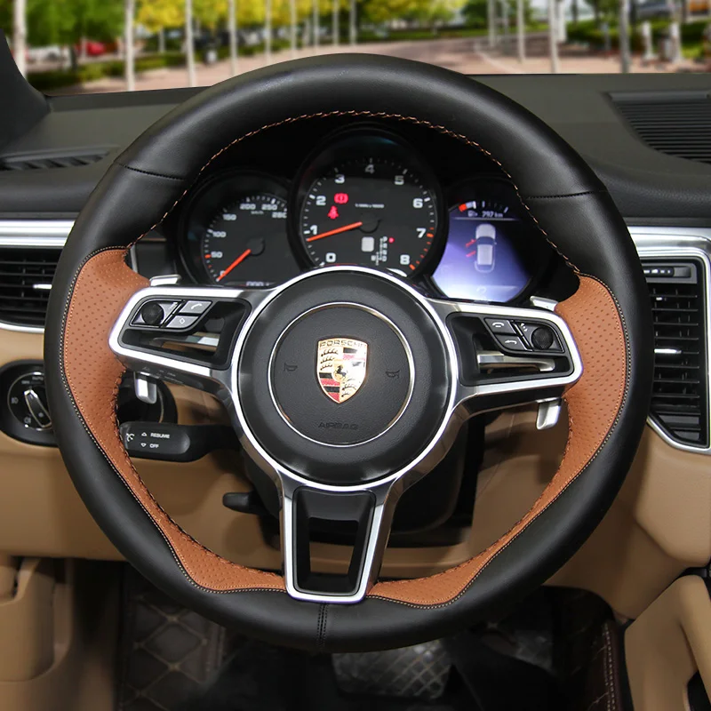 

For Porsche 718 Cayenne macan Paramera Cayman Boxster DIY hand-sewn leather car steering wheel cover