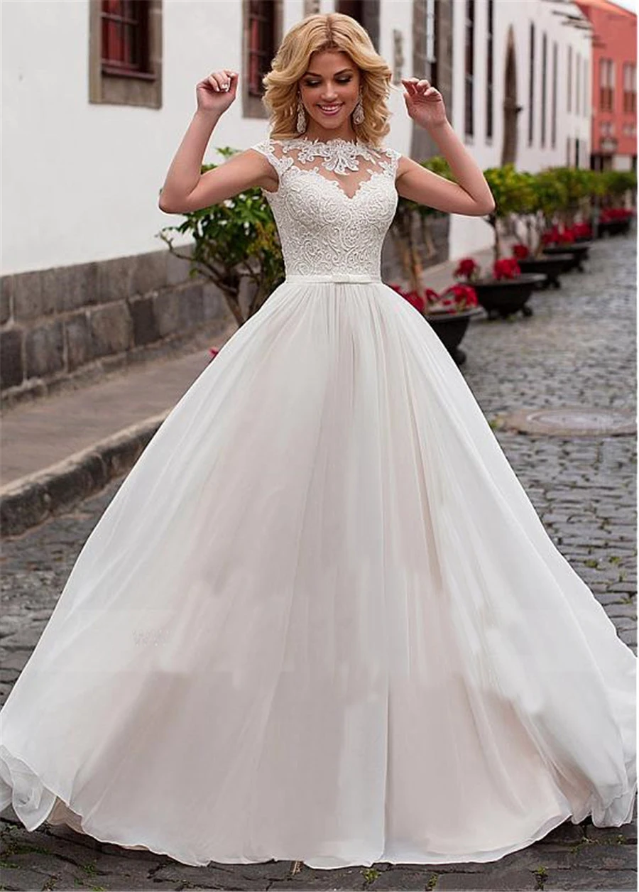

Illusion Scoop Chiffon Jewel Neckline A-Line Sweep Train Wedding Dress With Lace Appliques Lace Up Bridal Dress vestidos de