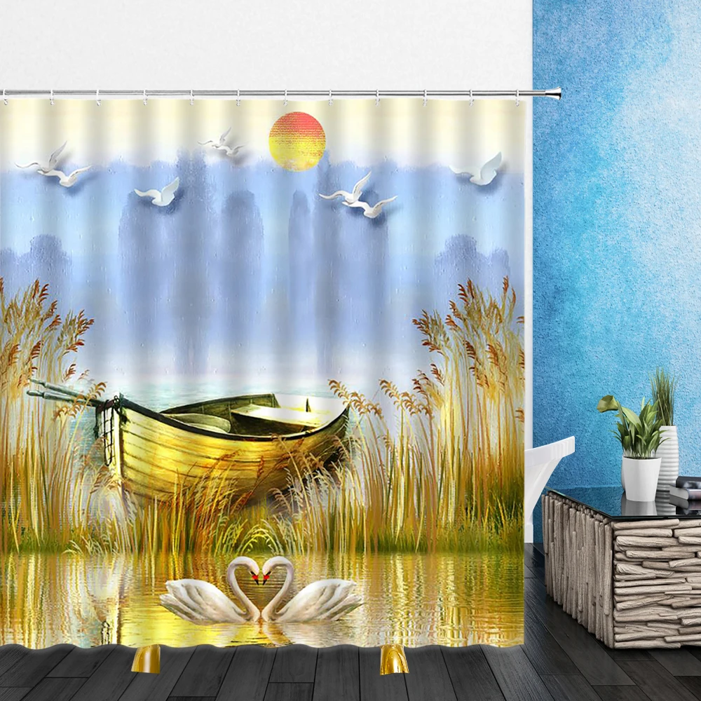 

Landscape Shower Curtains Lake Sailboat Island Flower Field 3D Print Waterproof Bathroom Decor Home Bathtub Polyester Curtain