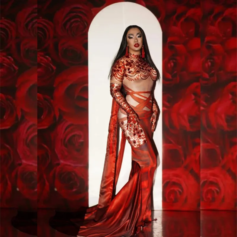 

Red Rhinestones Mermaid Floor-length Long Dress Spandex With Gloves Women Singer Model Catwalk Stage Wear Prom Celebrate Costume