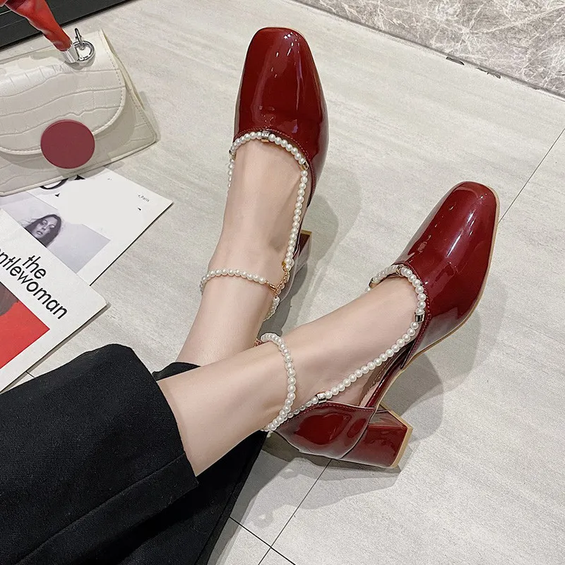 

Block Heels 2021 Sandals Clear Shoes Med Suit Female Beige All-Match Chunky New Pearl Closed Medium Fashion Girls Comfort Summer