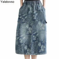 spring and autumn new retro vintage style elastic waist loose flower printed medium and long denim skirt womens skirts