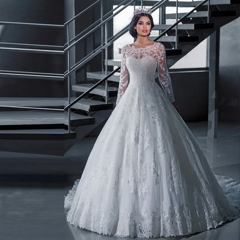 Arab Patten Dubai Elegant Vintage Lace White Ball Gown Wedding Dress With Sleeves Robe De Mariage Princess Bridal Gown