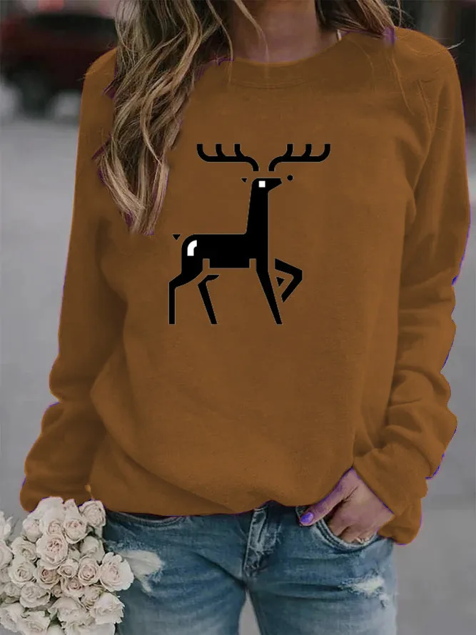 

Women Hoodie Christmas Deer Printed Hoodies Women Fleece Long Sleeve O Neck Loose Sweatshirt Girls Pullovers Autumn Winter
