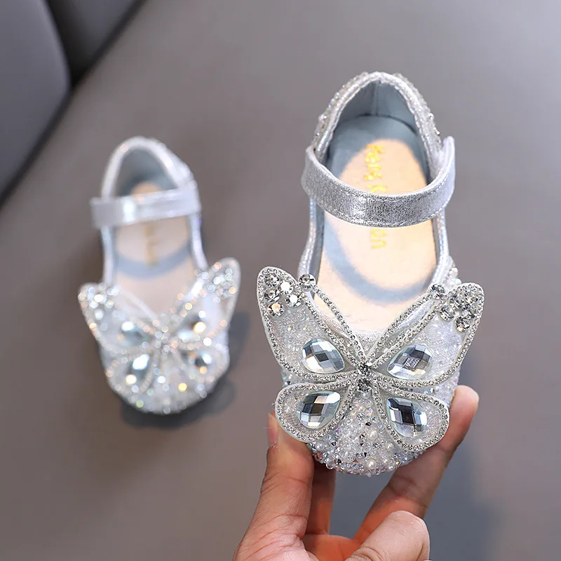 Girls' Princess Leather Shoes 2022 Spring New Sequins Rhinestone Bow Single Shoes Fashion Performance Dance Shoes G579