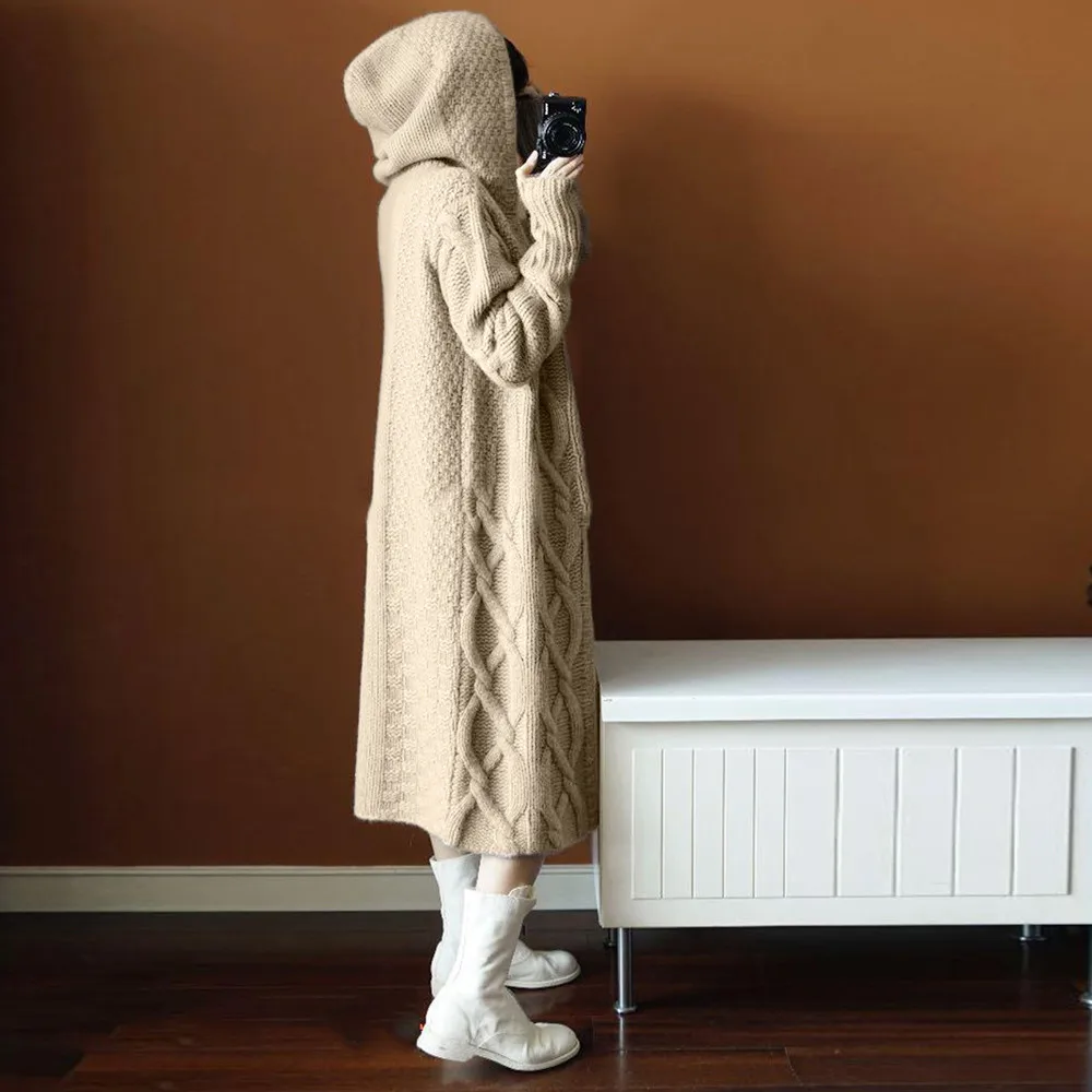 Новинка Женский вязаный кардиган с капюшоном свитер женский зимний плотный