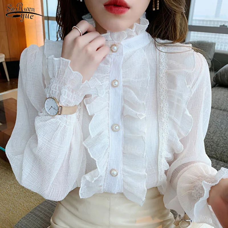 Korean Ruffle Lace Chiffon Shirt Elegant Sweet Chic Long Puff Sleeve Women Blouse Apricot Tops Stand Collar Clothes Blusas 13433