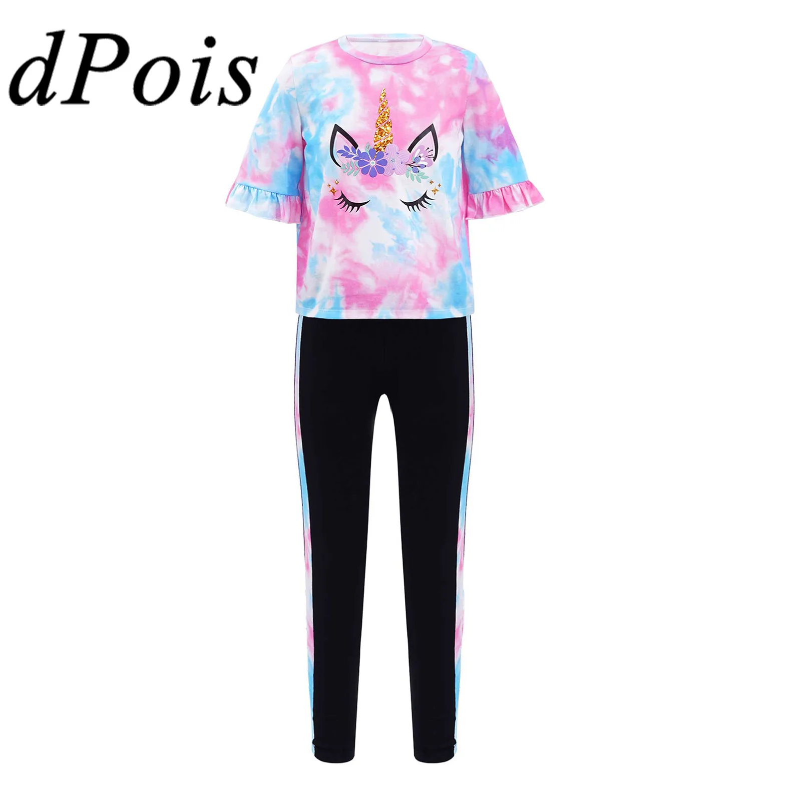 

Fashion Girls Tracksuit Tie Dye Yoga Sets Cartoon Horse Printed Tops + Pants Children Ballet Gym Outfits Kids Sports Clothes