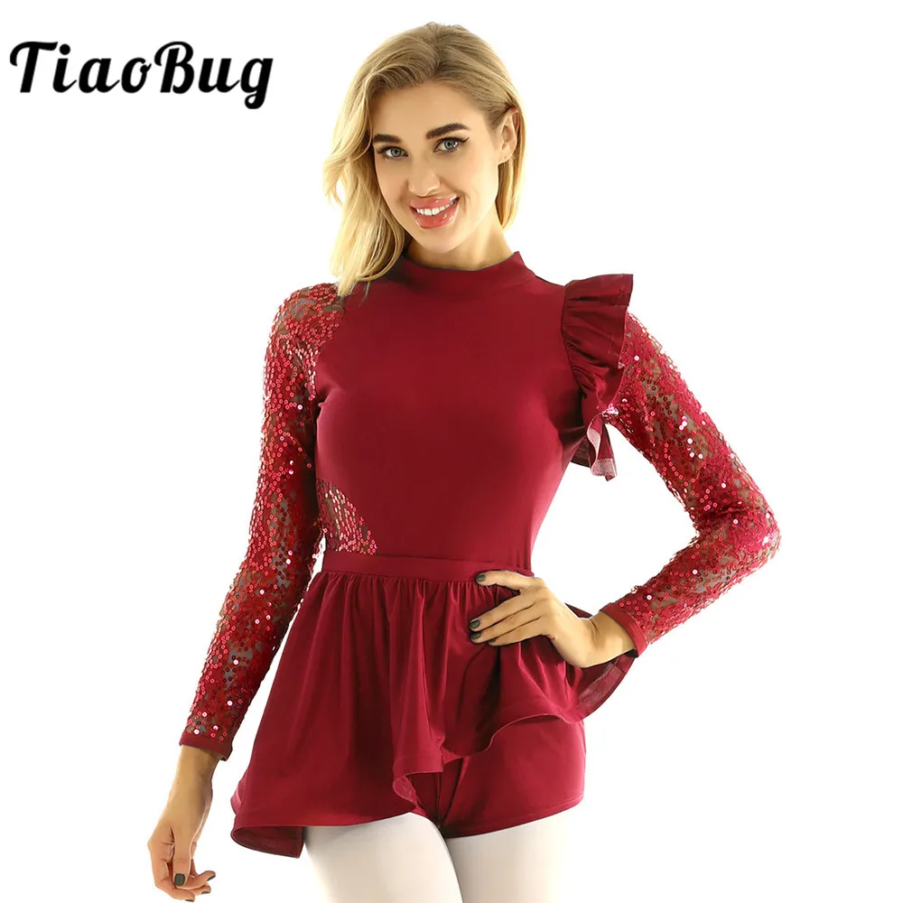 

TiaoBug, Женская Одежда для танцев, с блестками, с длинными рукавами, с открытой спиной, гимнастическое трико, боди, балетное платье, для выступл...