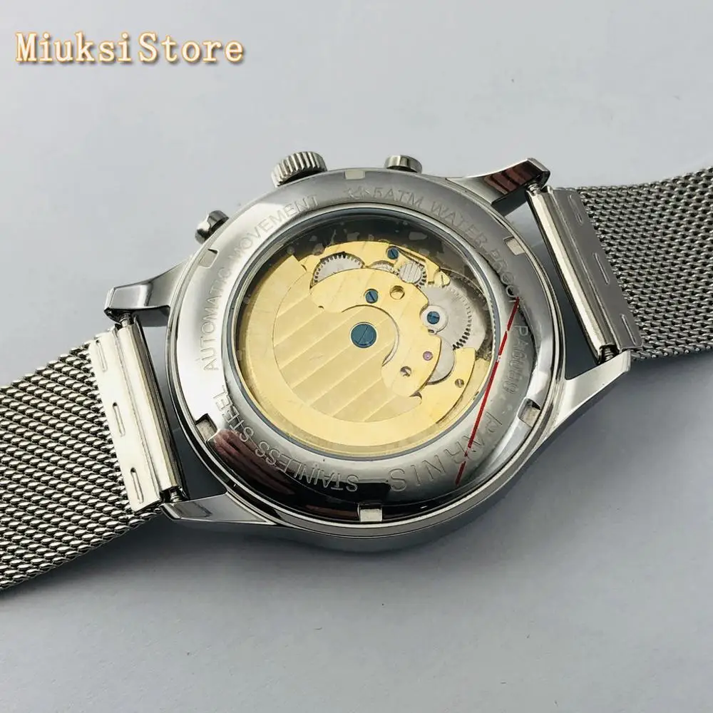 Мужские автоматические механические часы Parnis серебристый чехол 43 мм с черным