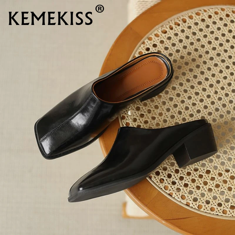 

KemeKiss Size 33-40 Real Leather Women Sandals Shoes Square Toe Thick Heels Solid Color Slip On Mules Loafers Female Footwear