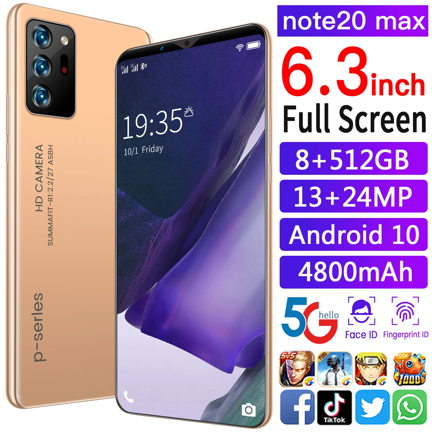 

Note20 max Smartphone 6.3Inch Full Screen Ten Core CPU 4800mAh 8GB 256GB 5GIntelligent wake-up, face recognition fingerprint un