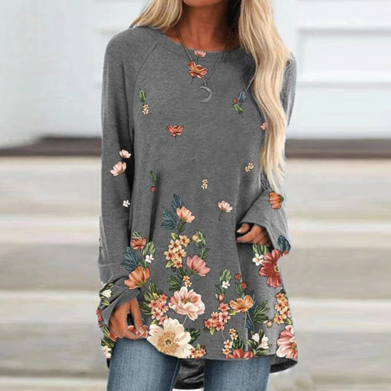 

Spring Autumn Retro Print Top Elegant Round Neck Long Sleeve Mid-Length Shirt Large Size Ladies Casual Loose Street Pullover