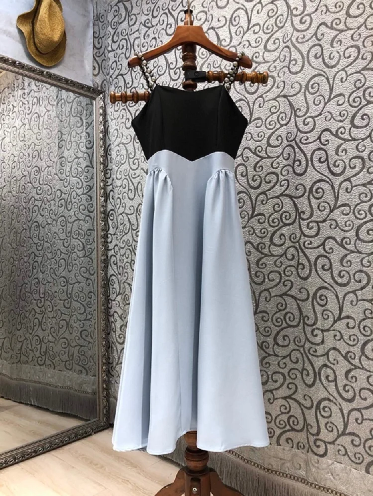 

High Quality Strap Dress 2021 Summer Fashion Clothes Women Color Block Patchwork Mid-Calf Length Casual Party Club Skirts Ladies