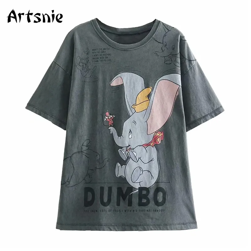 

Футболка женская трикотажная в стиле оверсайз с круглым вырезом, коротким рукавом и мультяшным принтом Дамбо, уличная одежда, темно-серый т...