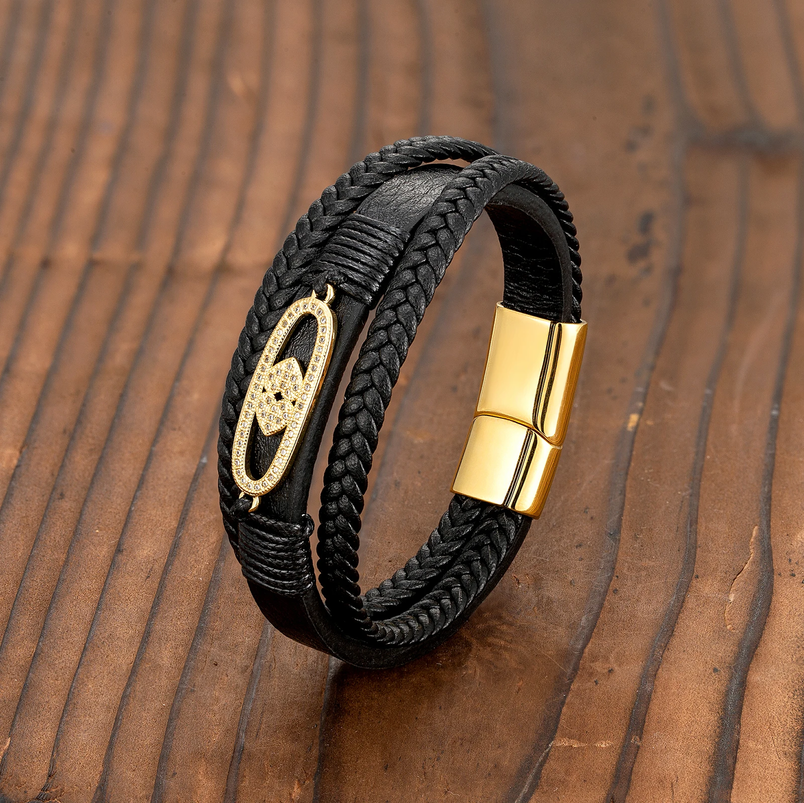 2021 New Fashion Design Micro Diamond 3-layer Leather Cord Neutral Bracelet Stainless Steel Charm Hand Row | Украшения и